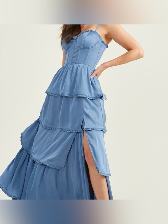 Altar'd State Dresses & Skirts - Altar'd State Stellni Satin Maxi Dress Tiered Ruffle Skirt Corset Bodice in Blue